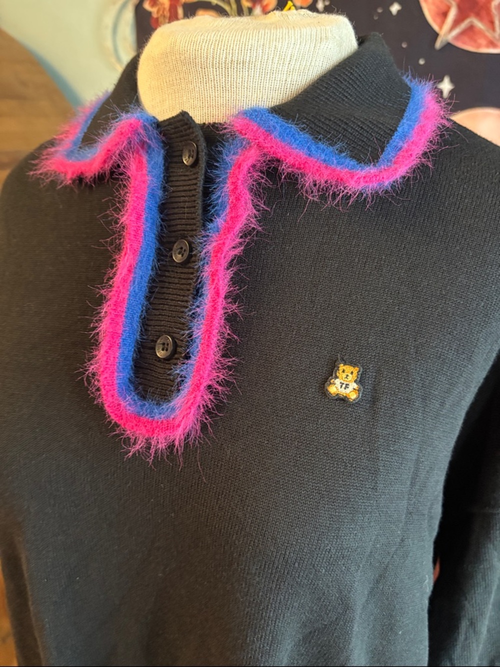 Teddy Fresh Black V-Neck Sweater with Pink & Blue Fuzzy Trim NWT Rare. - Picture 3 of 13